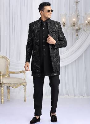 velvet silk black wedding wear computer thread work readymade indo western 2