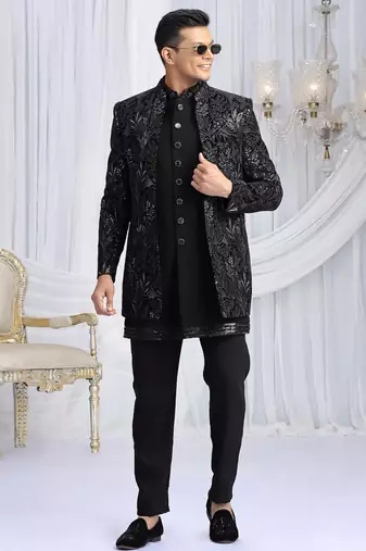 velvet silk black wedding wear computer thread work readymade indo western