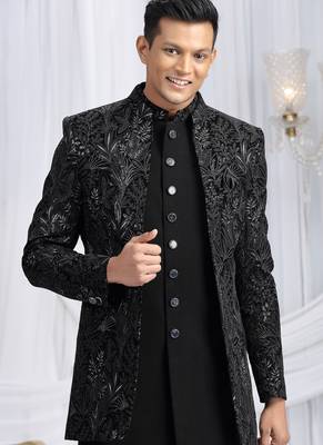 velvet silk black wedding wear computer thread work readymade indo western 3