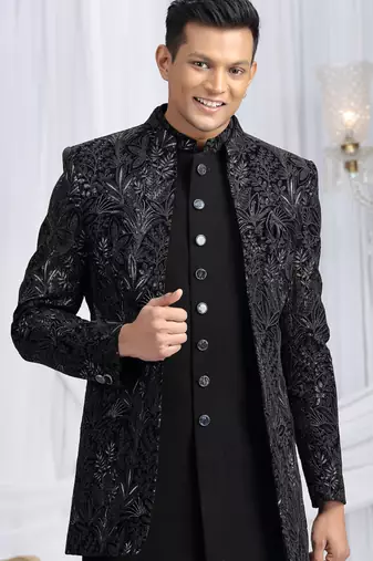 velvet silk black wedding wear computer thread work readymade indo western