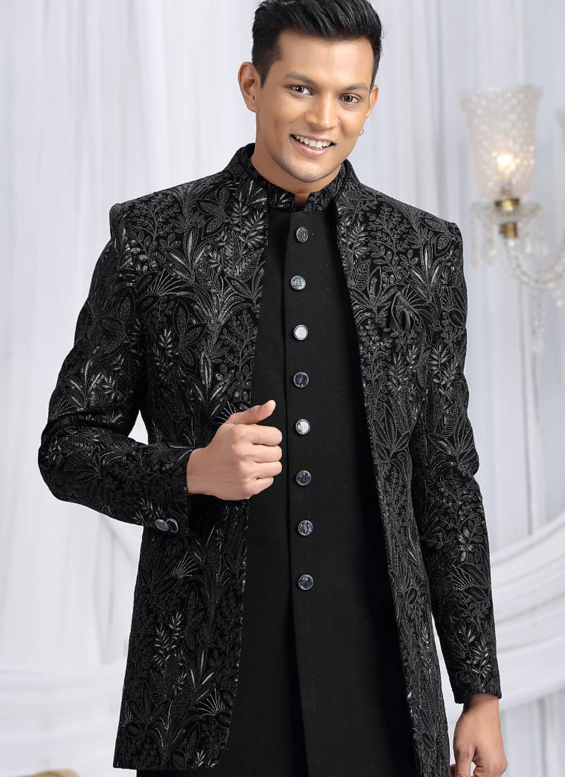 velvet silk black wedding wear computer thread work readymade indo western