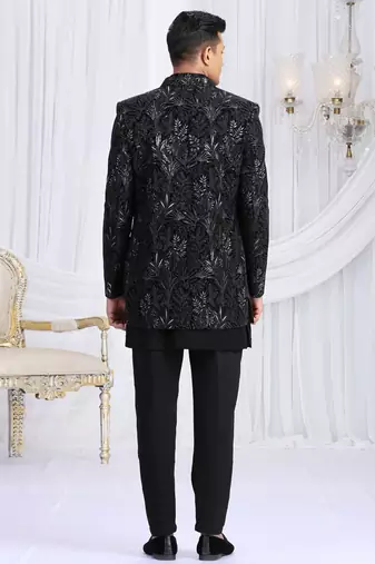 velvet silk black wedding wear computer thread work readymade indo western