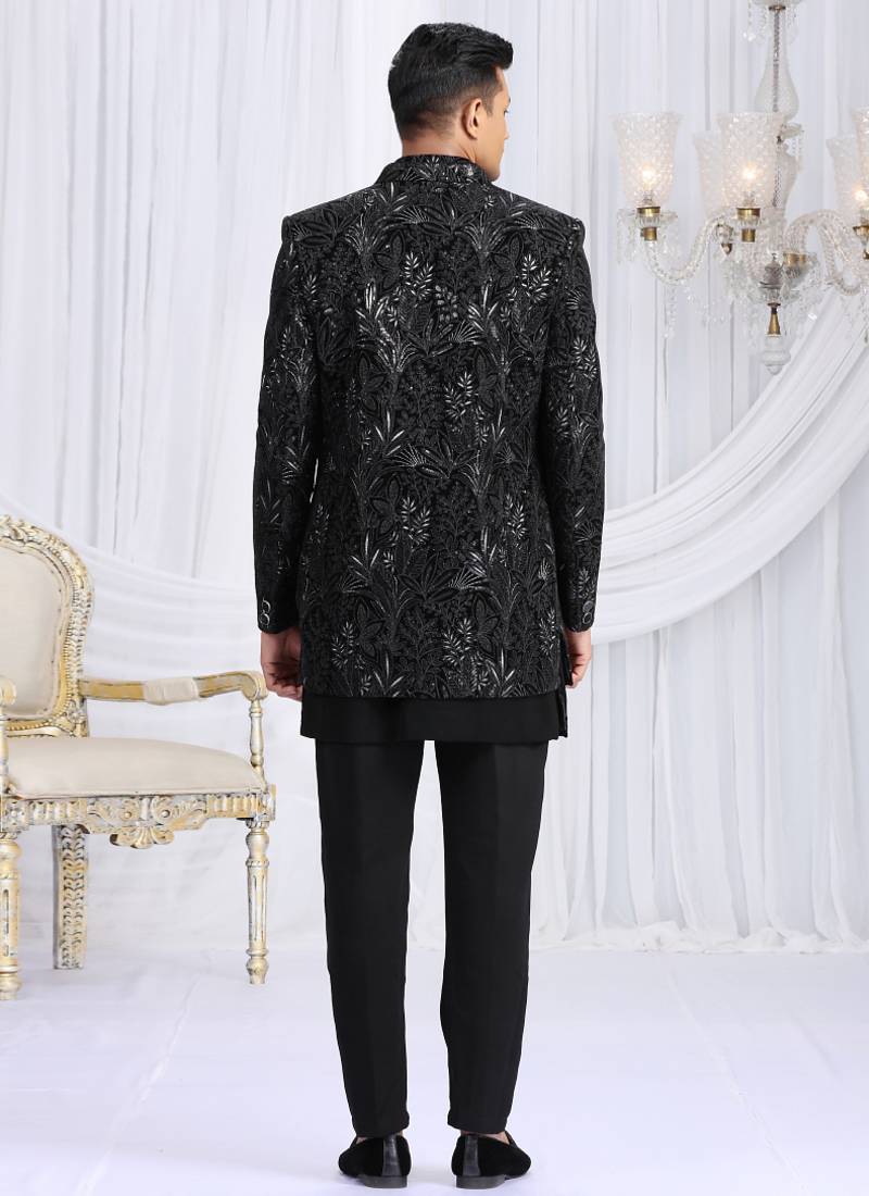 velvet silk black wedding wear computer thread work readymade indo western