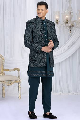 velvet silk teal green wedding wear computer thread work readymade indo western