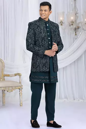 velvet silk teal green wedding wear computer thread work readymade indo western