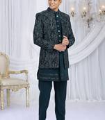 velvet silk teal green wedding wear computer thread work readymade indo western