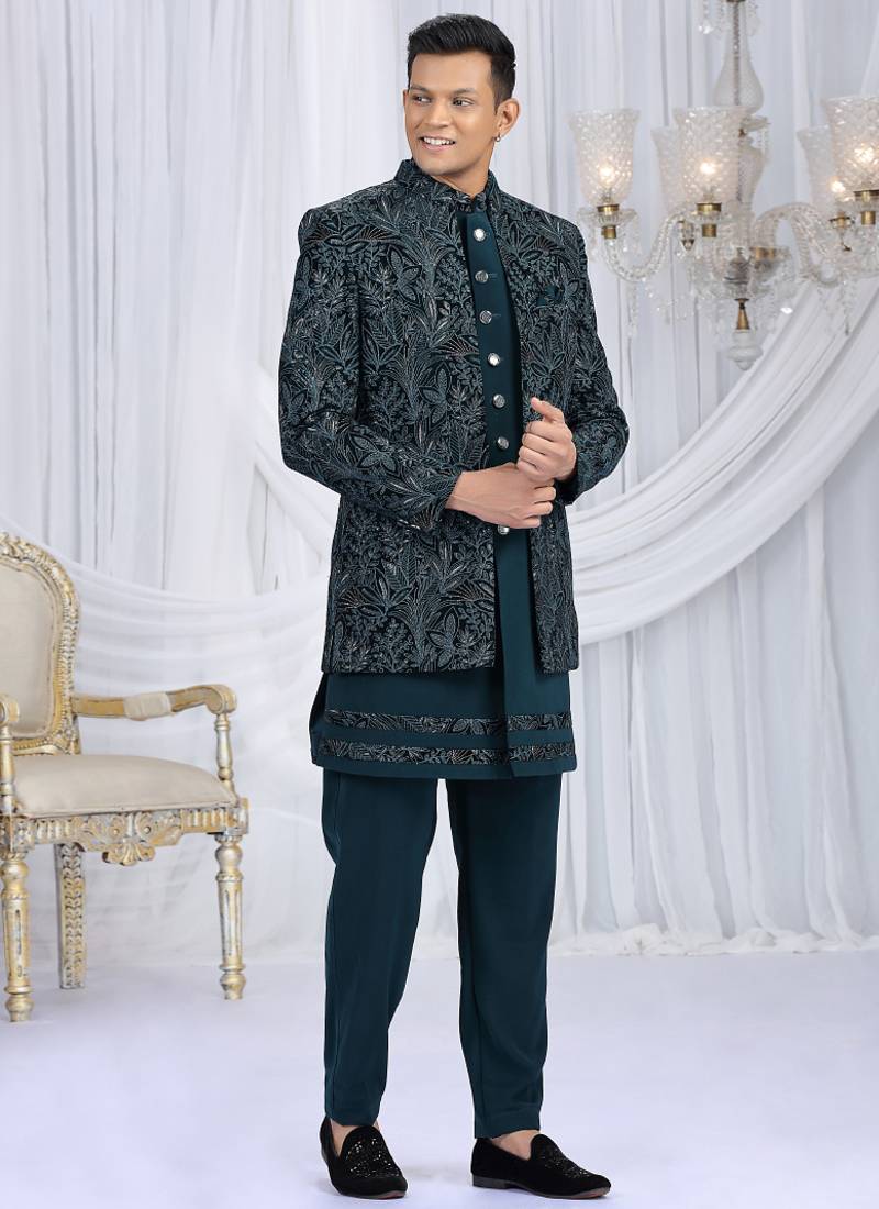 velvet silk teal green wedding wear computer thread work readymade indo western