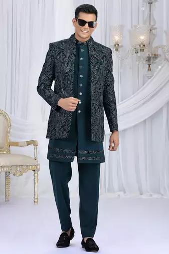 velvet silk teal green wedding wear computer thread work readymade indo western