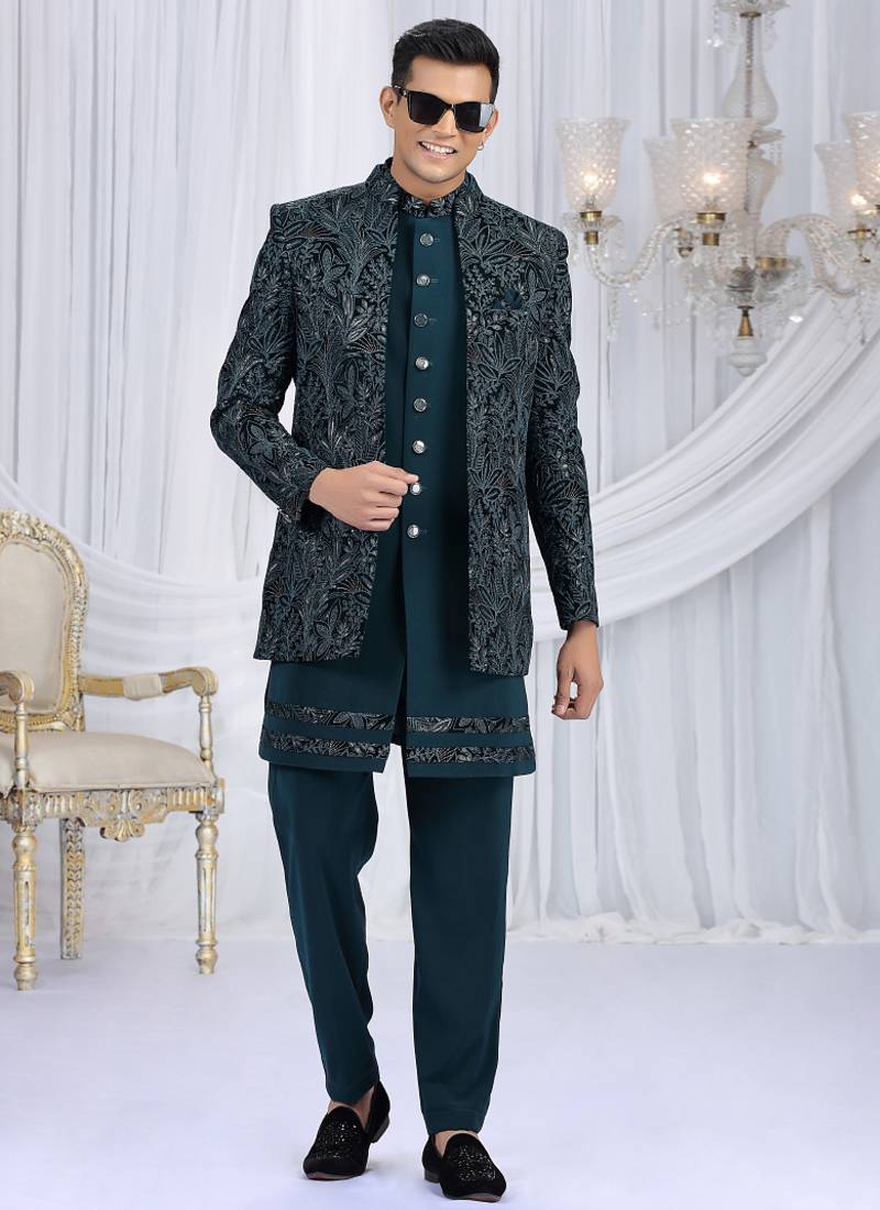 velvet silk teal green wedding wear computer thread work readymade indo western