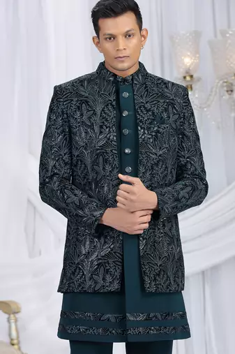velvet silk teal green wedding wear computer thread work readymade indo western