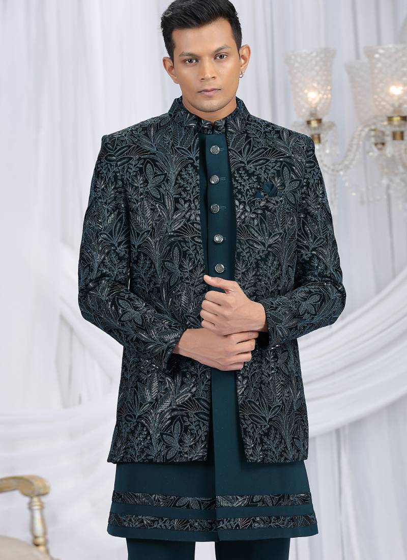 velvet silk teal green wedding wear computer thread work readymade indo western