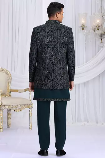 velvet silk teal green wedding wear computer thread work readymade indo western