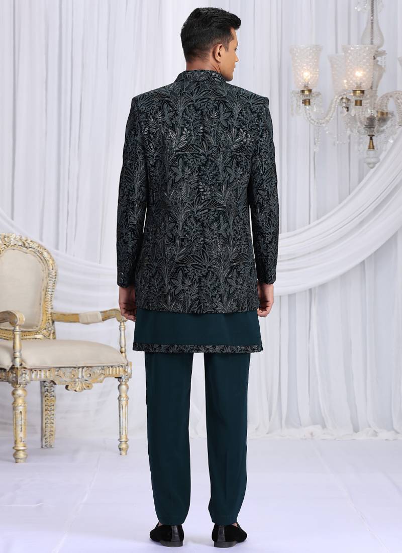 velvet silk teal green wedding wear computer thread work readymade indo western