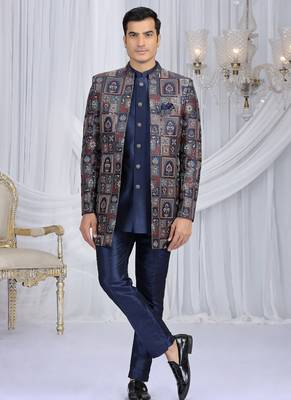 velvet silk navy blue wedding wear computer thread work readymade indo western 1