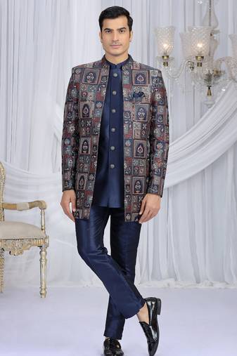 velvet silk navy blue wedding wear computer thread work readymade indo western