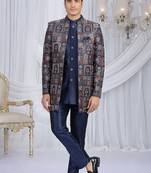 velvet silk navy blue wedding wear computer thread work readymade indo western