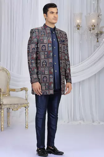 velvet silk navy blue wedding wear computer thread work readymade indo western