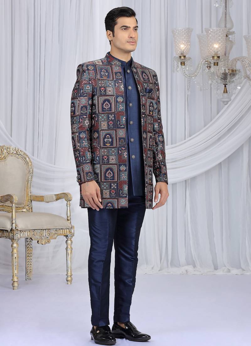 velvet silk navy blue wedding wear computer thread work readymade indo western