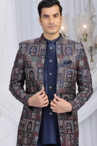 velvet silk navy blue wedding wear computer thread work readymade indo western
