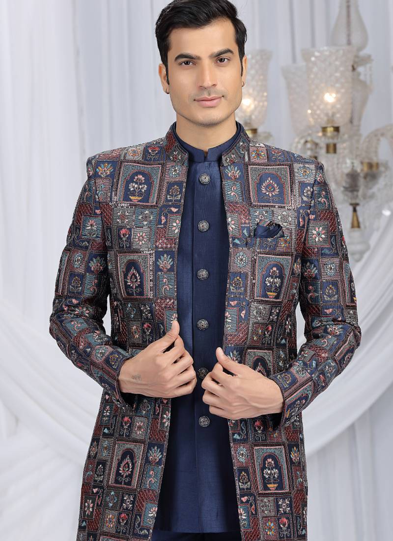 velvet silk navy blue wedding wear computer thread work readymade indo western