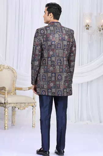 velvet silk navy blue wedding wear computer thread work readymade indo western