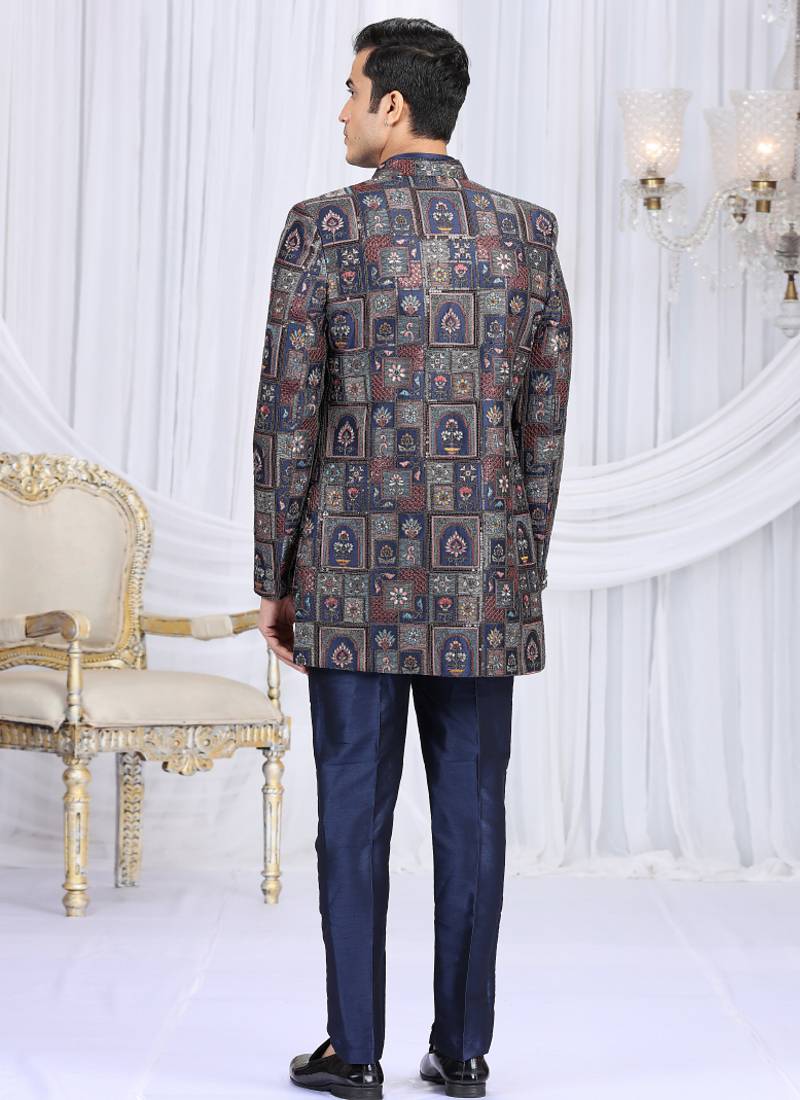 velvet silk navy blue wedding wear computer thread work readymade indo western