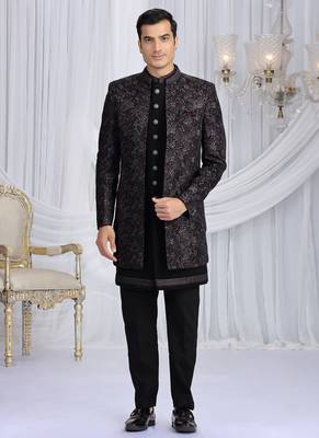 velvet silk black wedding wear computer thread work readymade indo western 1