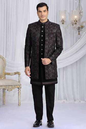 velvet silk black wedding wear computer thread work readymade indo western