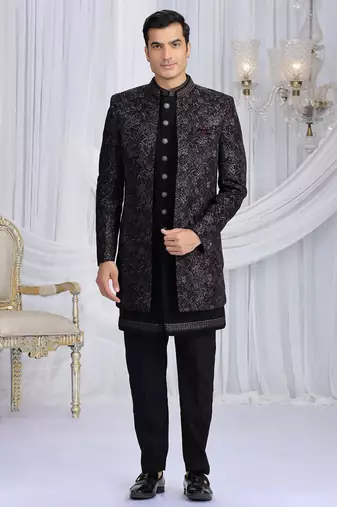 velvet silk black wedding wear computer thread work readymade indo western