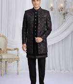 velvet silk black wedding wear computer thread work readymade indo western