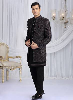 velvet silk black wedding wear computer thread work readymade indo western 2