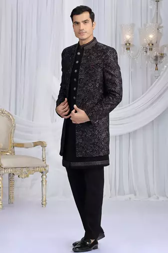 velvet silk black wedding wear computer thread work readymade indo western