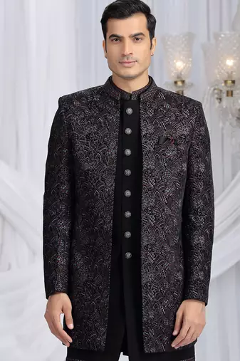 velvet silk black wedding wear computer thread work readymade indo western