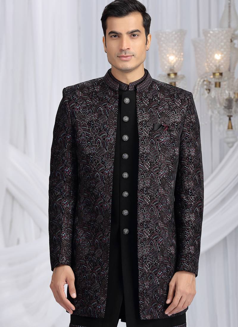 velvet silk black wedding wear computer thread work readymade indo western