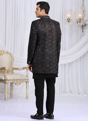velvet silk black wedding wear computer thread work readymade indo western 4