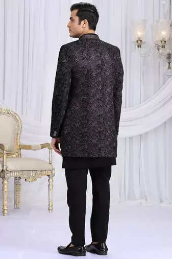 velvet silk black wedding wear computer thread work readymade indo western