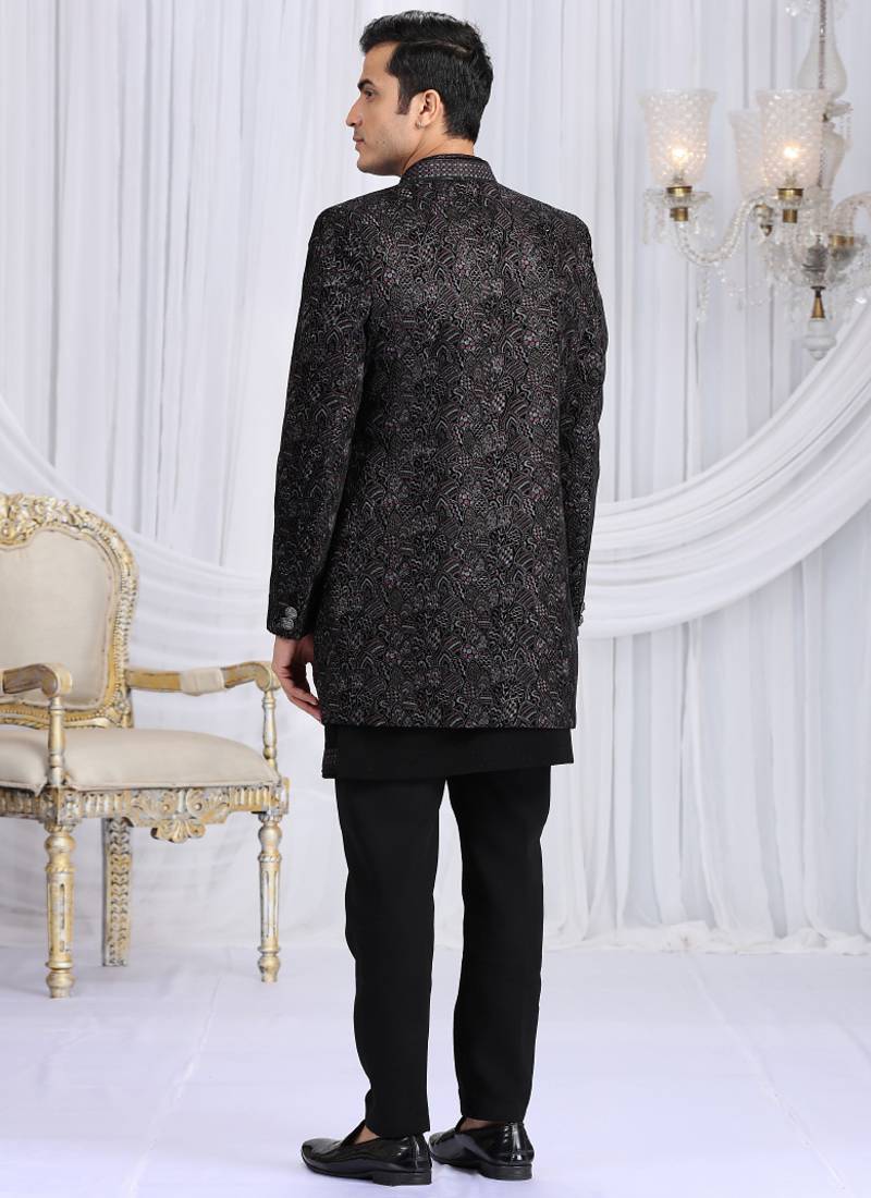 velvet silk black wedding wear computer thread work readymade indo western