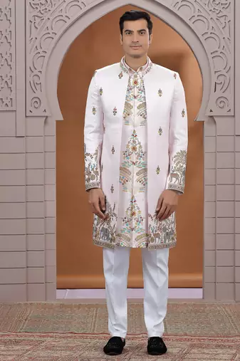 art silk white wedding wear embroidery work readymade indo western