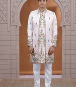 art silk white wedding wear embroidery work readymade indo western