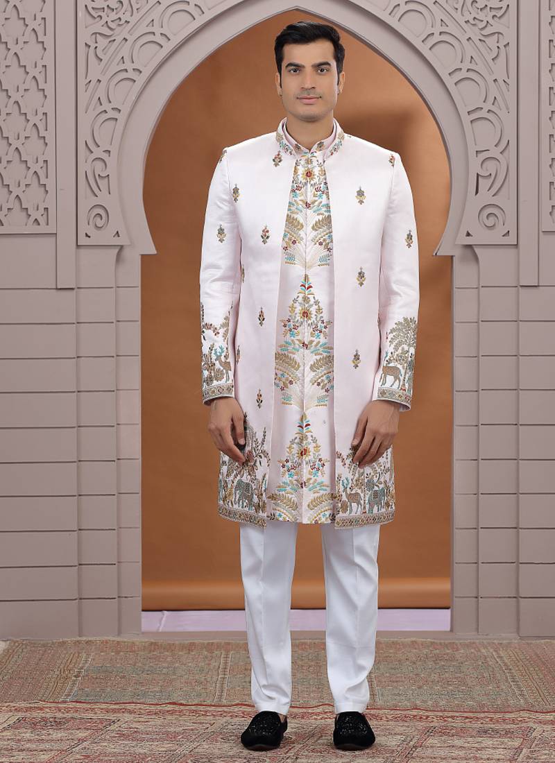 art silk white wedding wear embroidery work readymade indo western