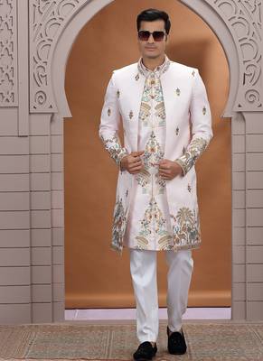 art silk white wedding wear embroidery work readymade indo western 2