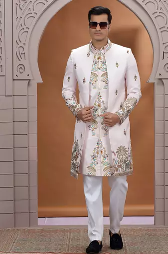 art silk white wedding wear embroidery work readymade indo western