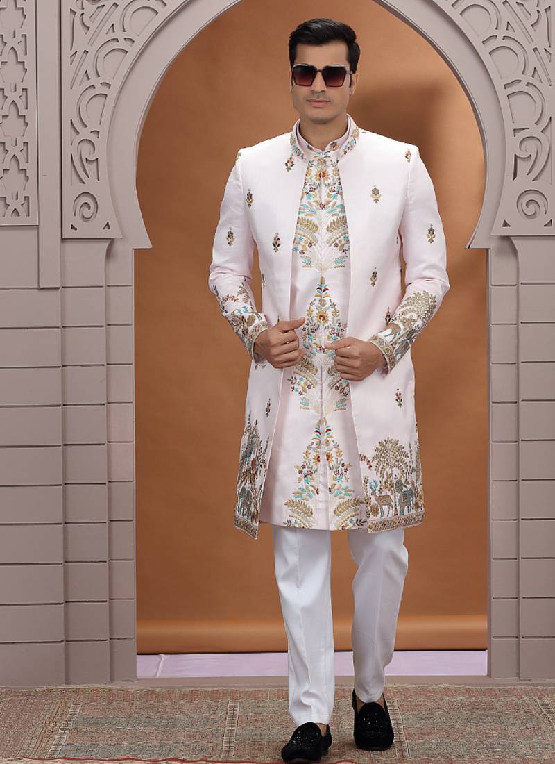 art silk white wedding wear embroidery work readymade indo western