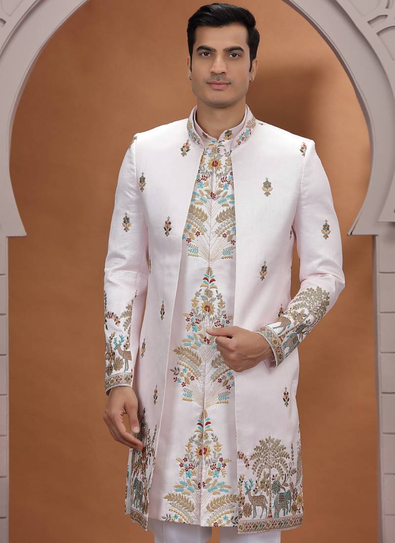 art silk white wedding wear embroidery work readymade indo western