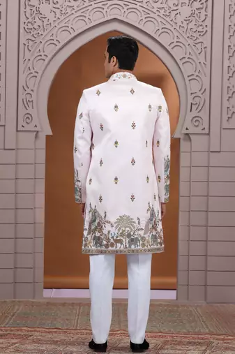 art silk white wedding wear embroidery work readymade indo western
