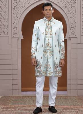 art silk light green wedding wear embroidery work readymade indo western 1