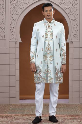 art silk light green wedding wear embroidery work readymade indo western