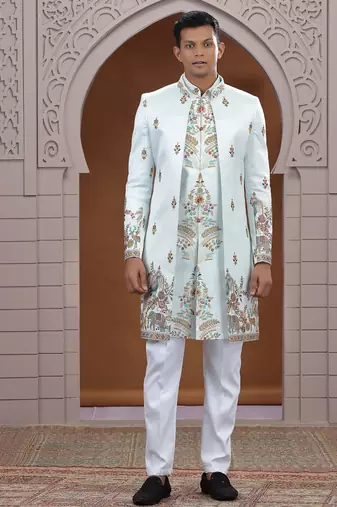 art silk light green wedding wear embroidery work readymade indo western