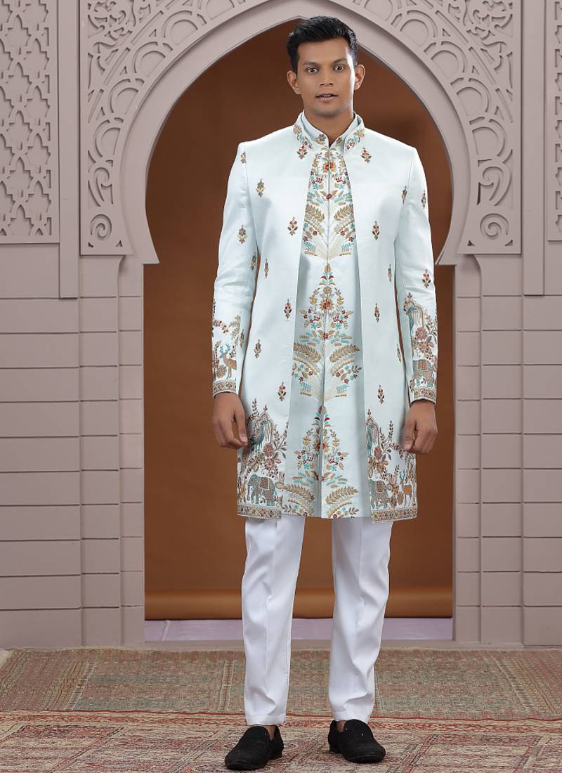 art silk light green wedding wear embroidery work readymade indo western