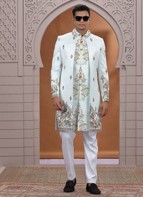 art silk light green wedding wear embroidery work readymade indo western 2